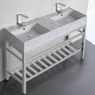 Console Bathroom Sink Marble Design Double Ceramic Console Sink and Polished Chrome Base, 48